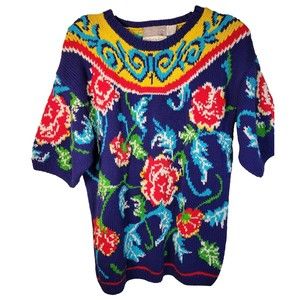 Bright Floral Chunky Sweater Boho Artsy Bold Colorful 90's VTG